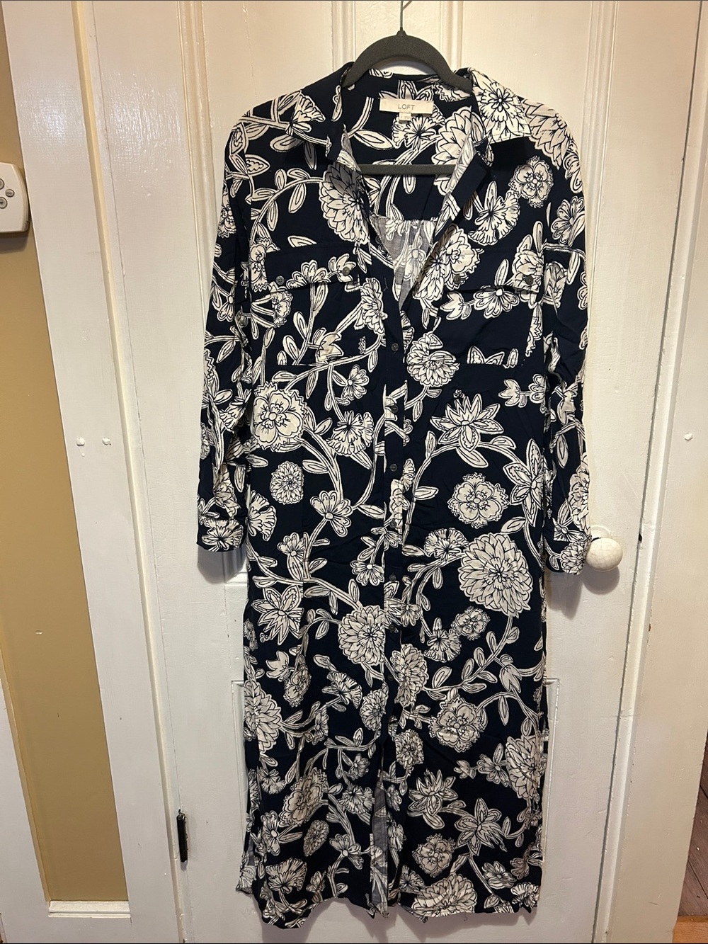 LOFT Navy and White Floral Long-Sleeve Shirt Dress